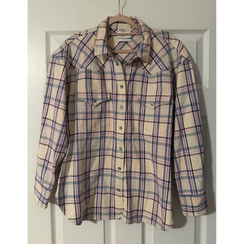 J.Crew Plaid Shacket Shirt Jacket Snap Front Pink Blue Cream Relaxed Women's 4